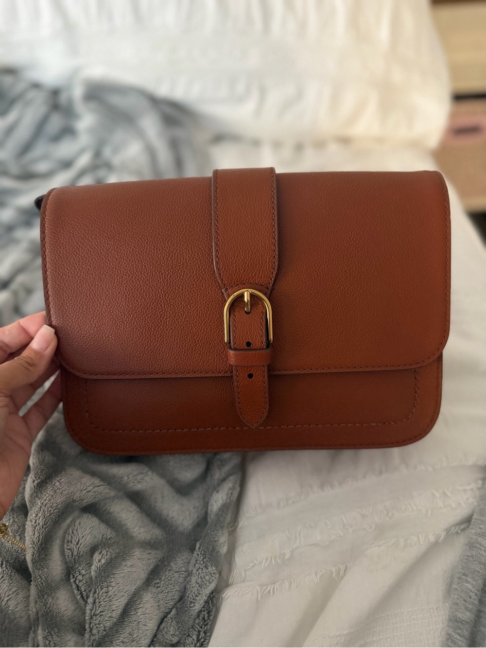 Brown Leather Crossbody Bag with Gold Buckle